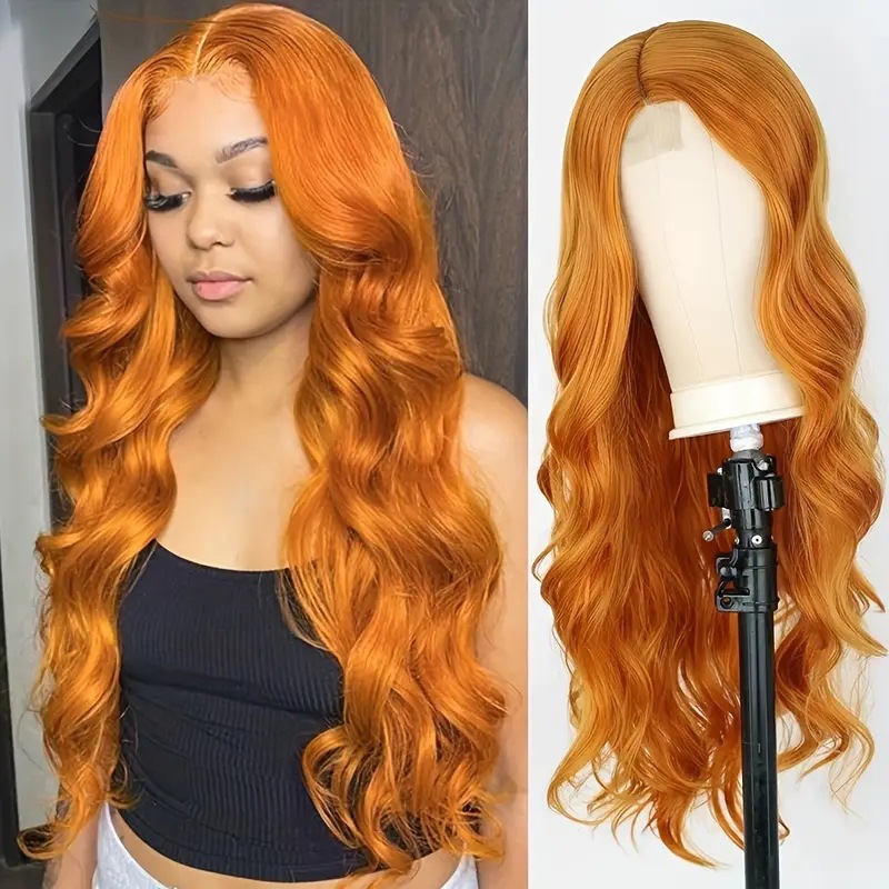 Perruque pour femme de style européen/américain, avec raie sur le côté, mèches fines en dentelle, cheveux longs et bouclés en fibres synthétiques._voghion.com