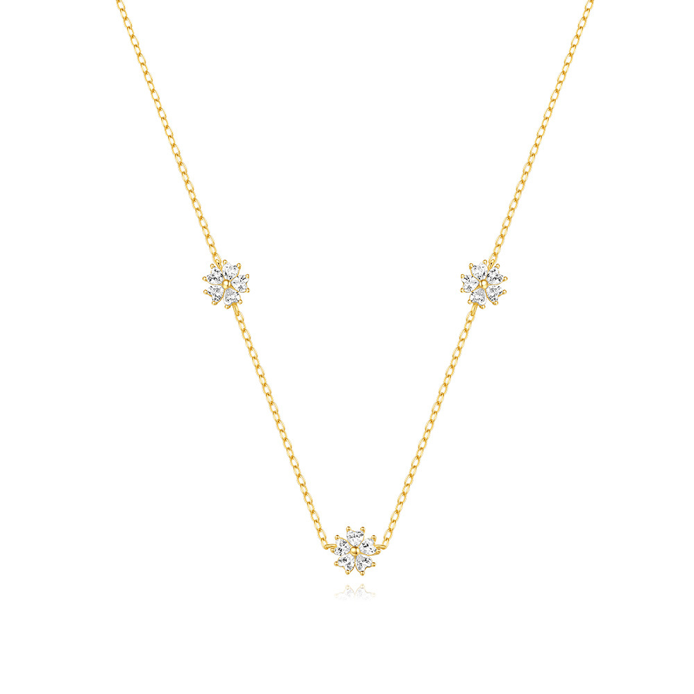 Inlay Design Simple Style, Shiny Style 925 Sterling Silver Zircon Cable Chain Inlay Flower Necklace