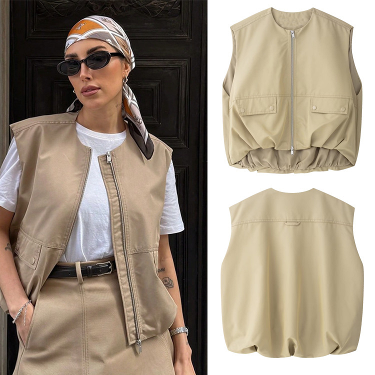 Cross-Border Women's Clothing New Year Fashion Casual Women's Loose Vest Round Neck Zipper Flip Sleeveless Bomber Jacket Cross-Border Women's Clothing New Year Fashion Casual Women's Loose Vest Round Neck Zipper Flip Sleeveless Bomber Jacket