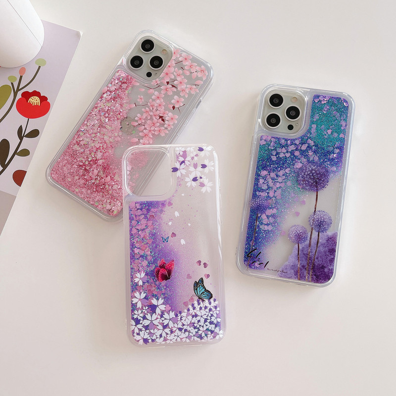 Suitable for iPhone 17Pro Butterfly Flower Dandelion Glitter Liquid Sand Apple 16 Creative Liquid Flowing Phone Case