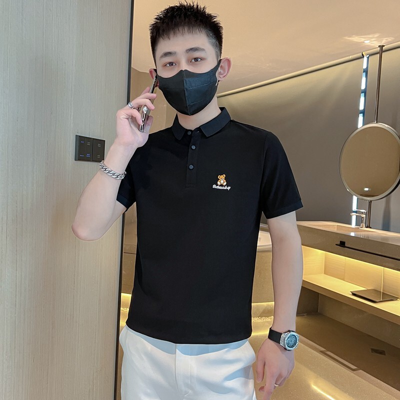 Simple Bear Print Stylish High-End Polo Shirt for Men Trendy Brand Summer Collared T-Shirt Men's Short Sleeve