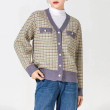 春季新品紫色针织衫开衫女气质V领外套 小香风宽松格子女式针织衫