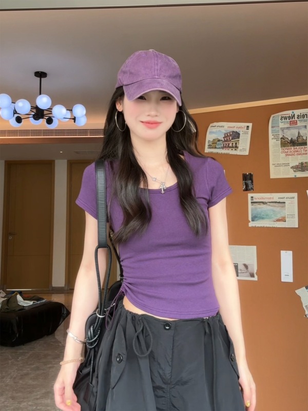 高密棉纯欲辣妹U领短袖T恤女夏季2025新款侧抽绳设计感高弹上衣|undefined