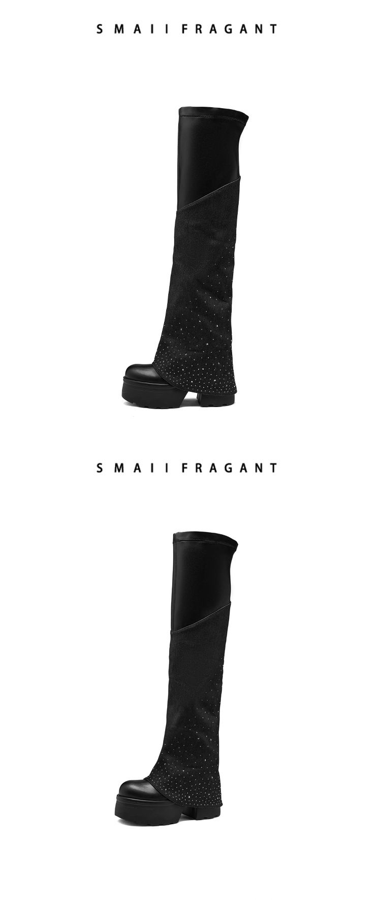Boot nữ cổ cao quá gối đế dày 12 cm mũi tròn chất nhung đen đính đá dài — nhung đen chi tiết 5