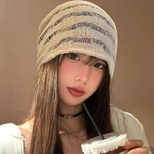 日系针织镂空堆堆帽子女夏季薄款棉麻透气冷帽大头围显脸小包头帽