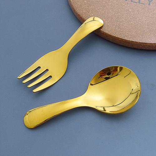 Stainless steel 304 tea spoon with high aesthetic snow cream dessert spoon fruit noodle fork cute baby short handle round head spoon