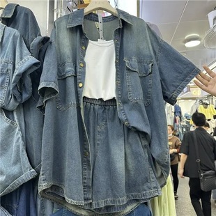 Fat mm Large Size Denim Short-Sleeved Shirt Suit Women's 2024 Summer New Design Shorts Jacket