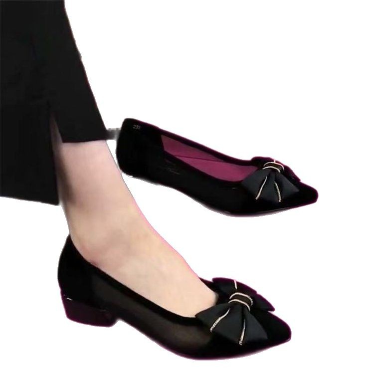 Zapatos individuales de malla para mujer zapatos de mujer de malla hueca de tacón bajo 2025 primavera y verano nuevo estilo sandalias de tacón grueso puntiagudo simple