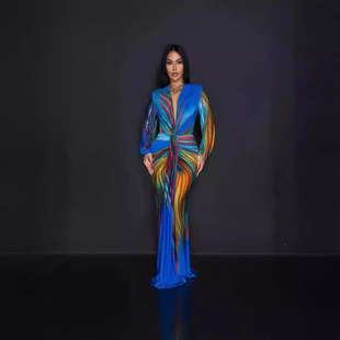 2024 Amazon Temu Plus Size Women's Clothing European and American Cross-Border Spring and Summer Colorful Tie-Dye Off-Shoulder Wrap Dress