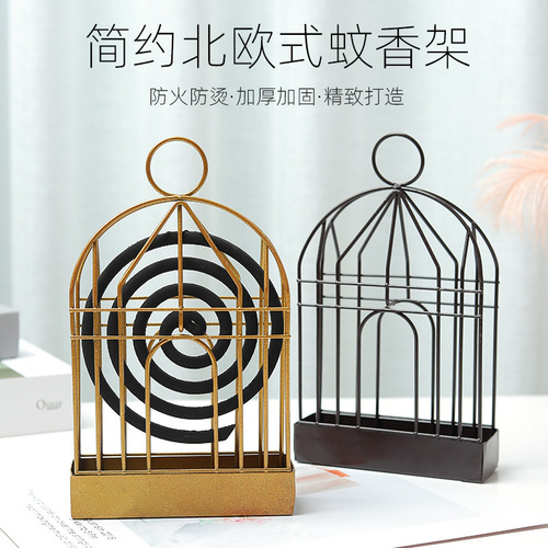 Birdcage mosquito coil holder decorative creative hanging incense burner household iron wicker gold metal mosquito coil box with ash tray