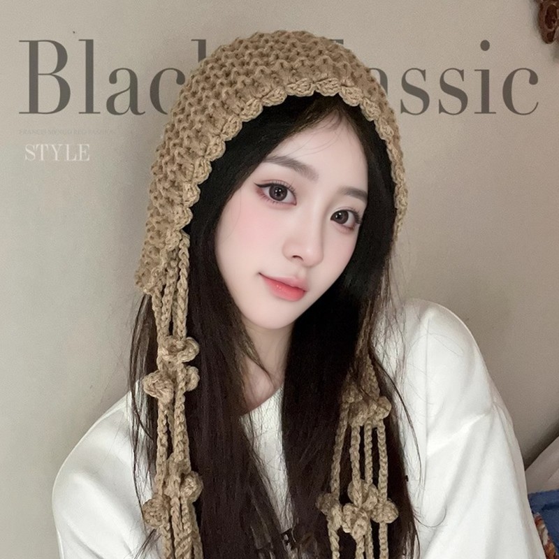 日系网红流苏毛线帽子女秋冬季雷锋帽韩版甜美可爱护耳包头针织帽|undefined