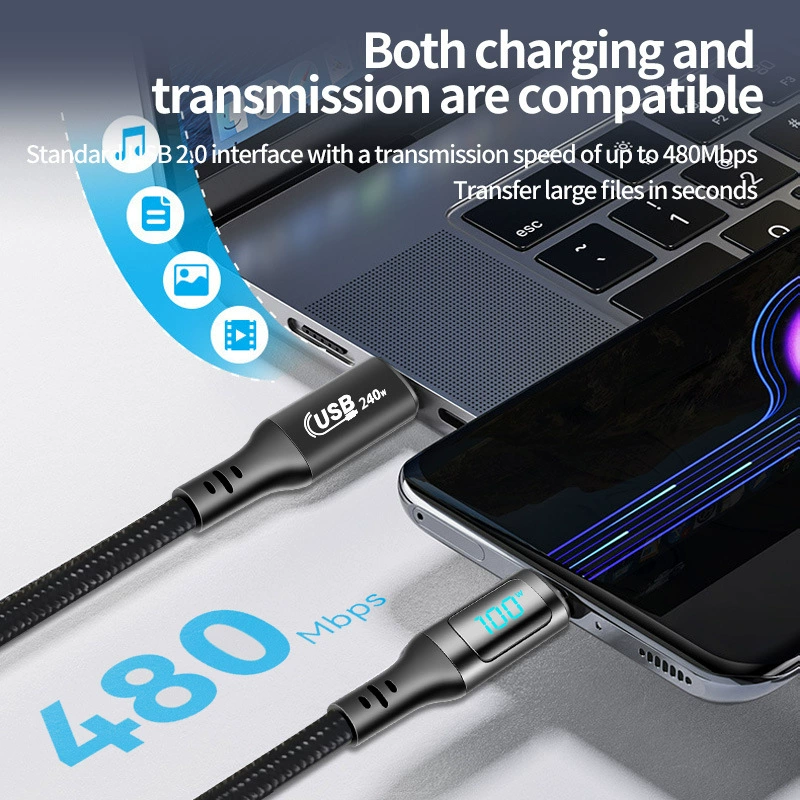 USB2.0 видимый сверхзарядный кабель 240W с LED-дисплеем
