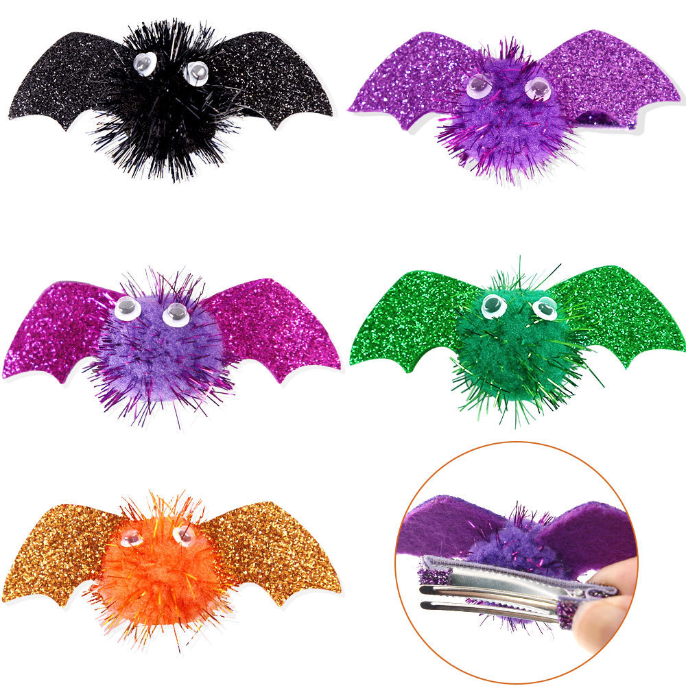 Halloween murciélago pin de pelo día fantasma accesorios de vestuario para niños Halloween negro púrpura alas pin de pelo toque