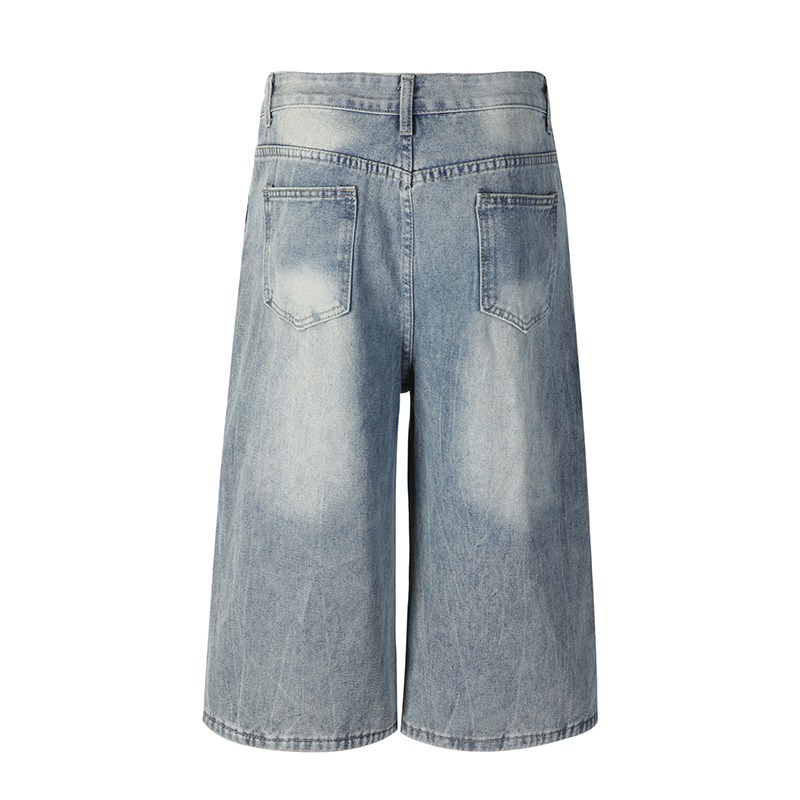 Unisex High-Street Loose Fit Cropped Jeans Lightning Bolt Washed Denim Shorts Blue M-3XL Soft Washed Denim_mkmklike.com