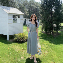 春上新【流行街】意法韩版麻料纯色连衣裙系带高腰连衣长裙气质