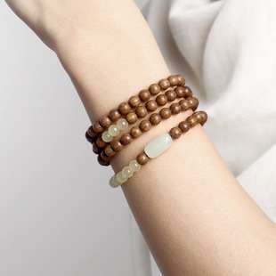 Original Hetian Yujin Sandalwood 108 Beads Bracelet for Women, Sandalwood Artistic Retro Buddhist Bead Jewelry Bracelet for Men