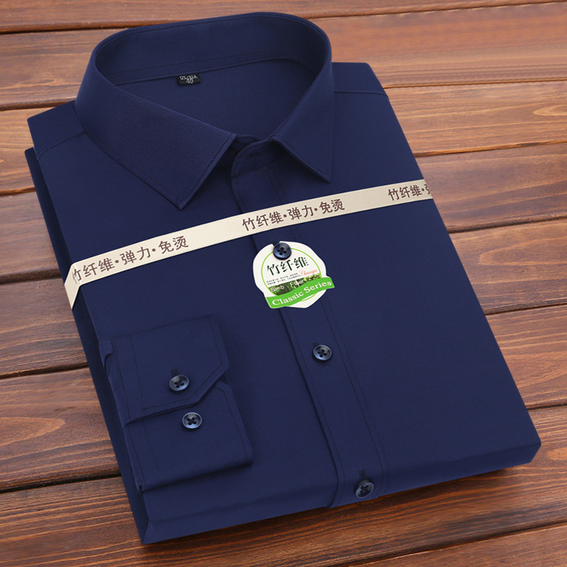 Bamboo Fiber Thickened Four-sided Elastic Shirt Men's Workwear White Shirt Men's Business Non-ironing Solid Color Men's Shirt