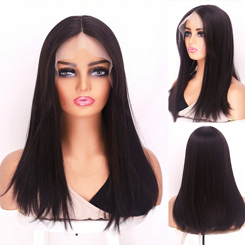 Front lace synthetic black wig for women, full head, middle parting, long curly hair, multi-layered, manufacturer wig Front lace synthetic black wig for women, full head, middle parting, long curly hair, multi-layered, manufacturer wig