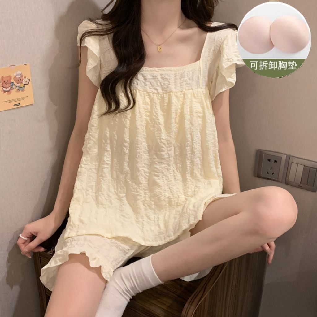 Venta al por mayor transfronteriza verano nuevo estilo pijama de color sólido mujer simple con almohadilla en el pecho jacquard nube algodón manga voladora pantalones cortos traje