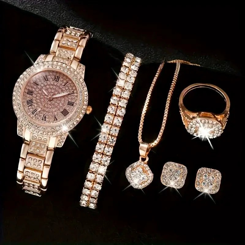 Rose gold watch + jewelry four-piece set