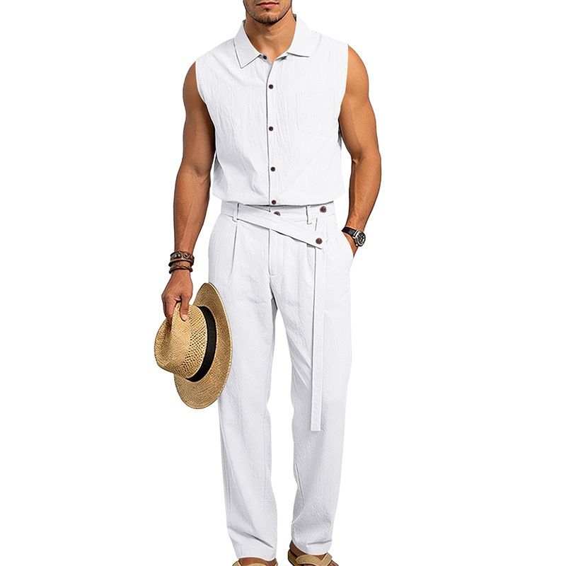 Men's Linen Blend Short Sleeve Shirt And Pants Set Breathable Casual Summer Outfit Comfortable Relaxed Fit_viptrois.com