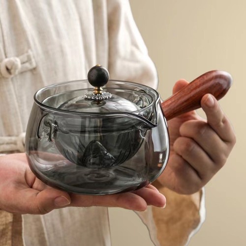 360-degree rotating leisure teapot, high borosilicate glass leisure pot, high-temperature resistant wooden handle tea brewing set