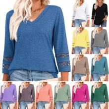 2025新款欧美时尚宽松V领七分袖女2025新款针织衫休闲上衣镂空