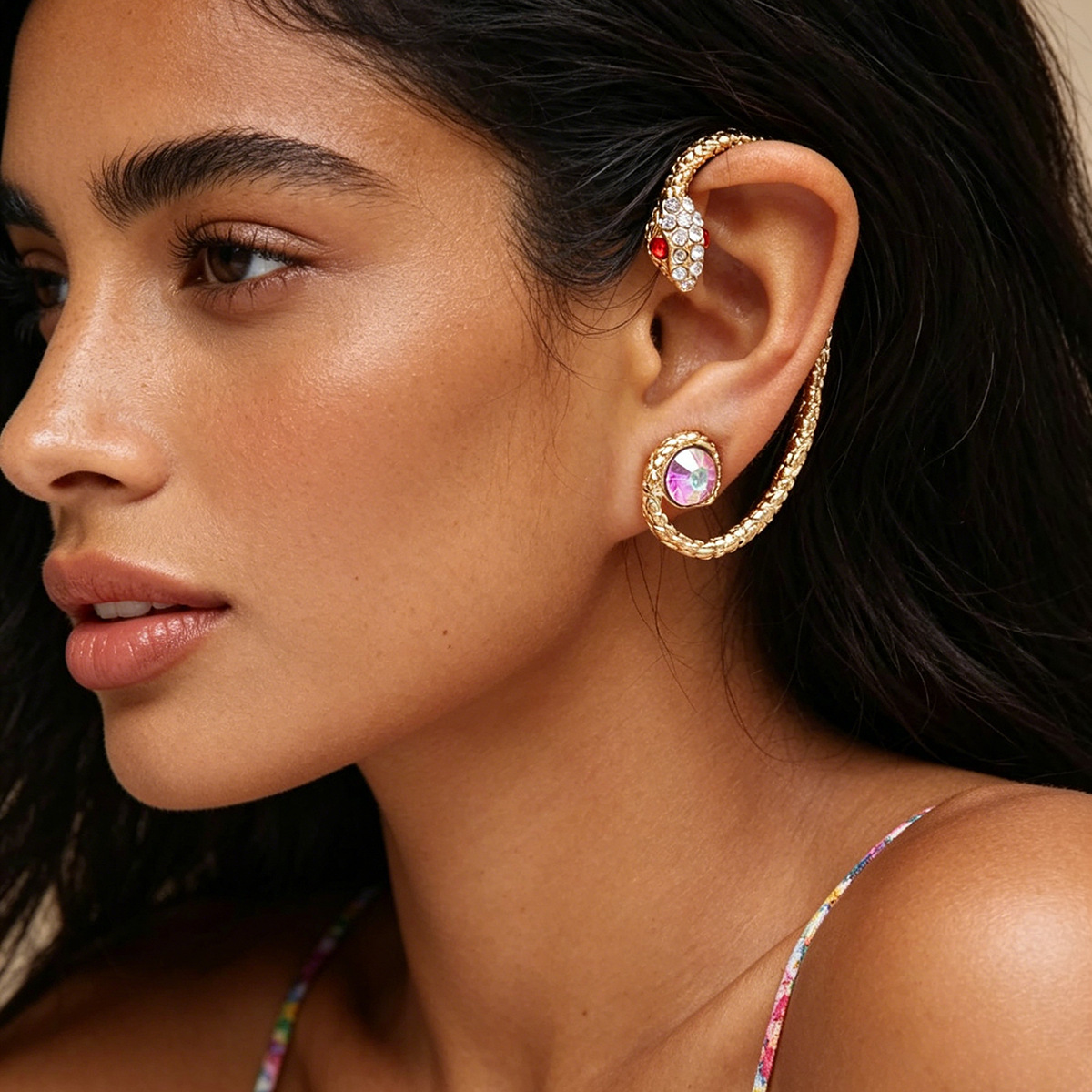 E14876 European and American New Style Snake-Shaped Earrings, Gold-Colored Snake Winding Around, Unique and Exaggerated Texture Ear Cuffs for Women