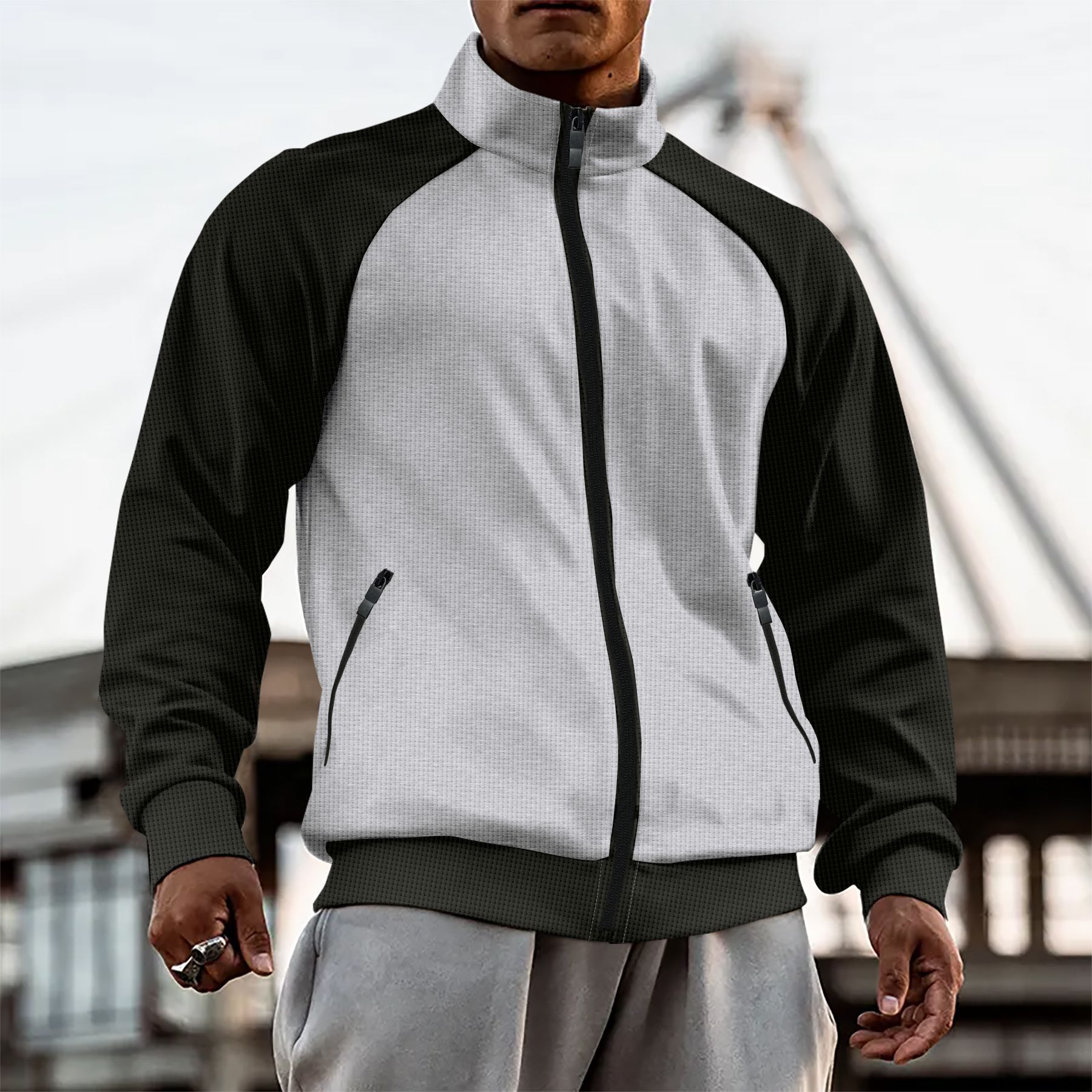 Men's Clothing Jacket Turtleneck Colorblock Zipper Raglan Sleeve Zipper Cardigan Jacket_voghion.com