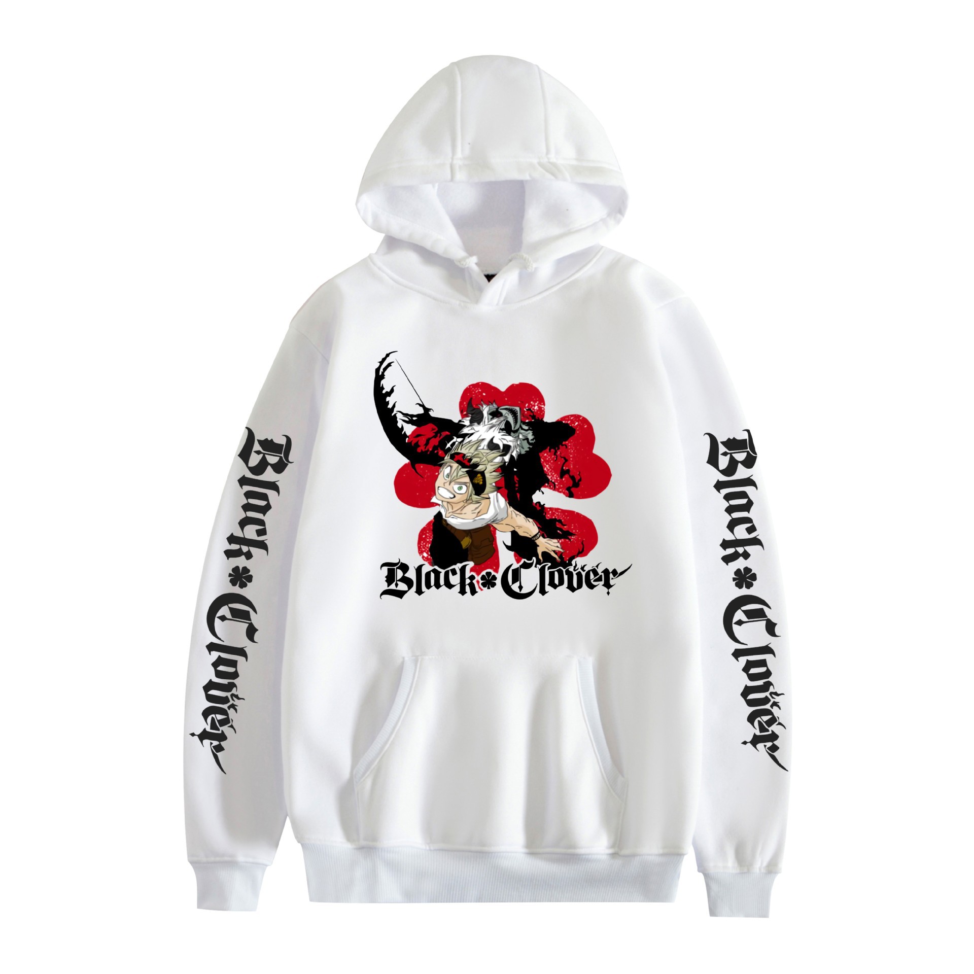 Suéter con capucha periférico de animación de trébol de cuatro hojas negro bidimensional marca de moda sudadera con capucha suelta casual más chaqueta de terciopelo nuevo