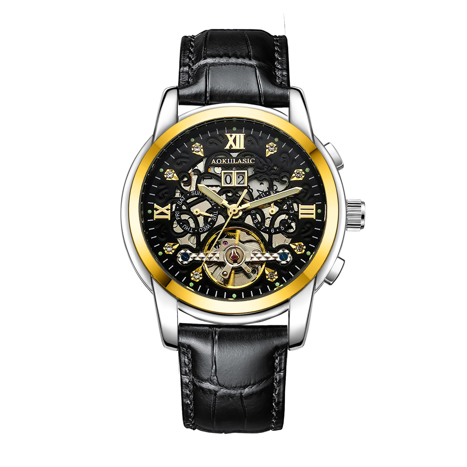 AOKULASIC/ogulas hombres rhinestone reloj mecánico automático hueco doble calendario multifuncional reloj de correa de acero