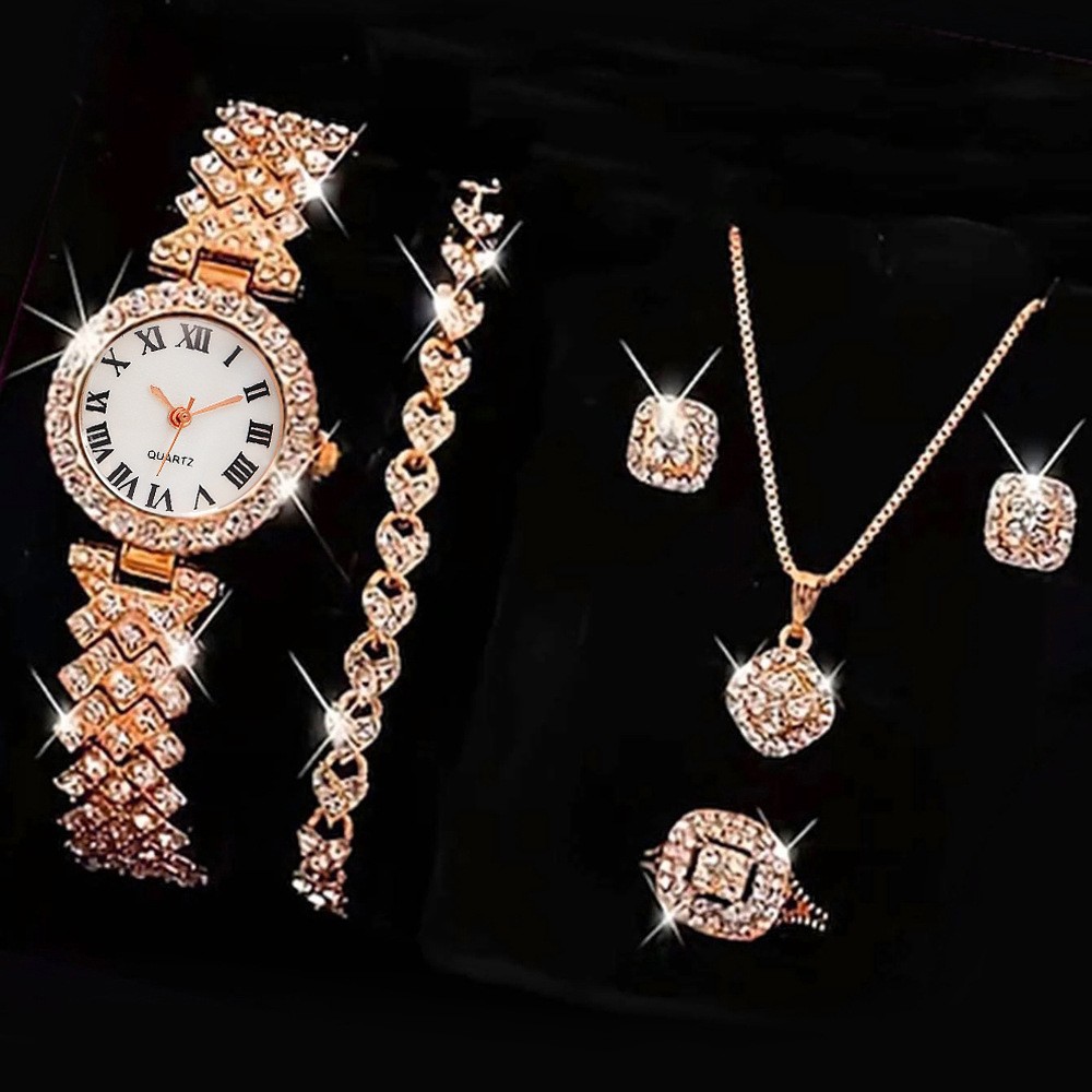 Rose gold watch + bracelet + diamond accents