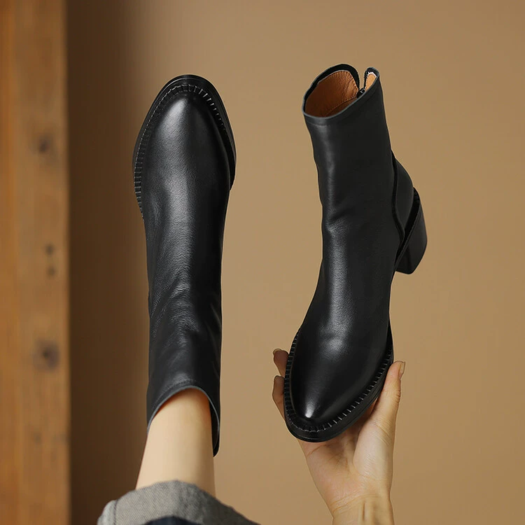 Leather low boots high heels, western style, cowhide