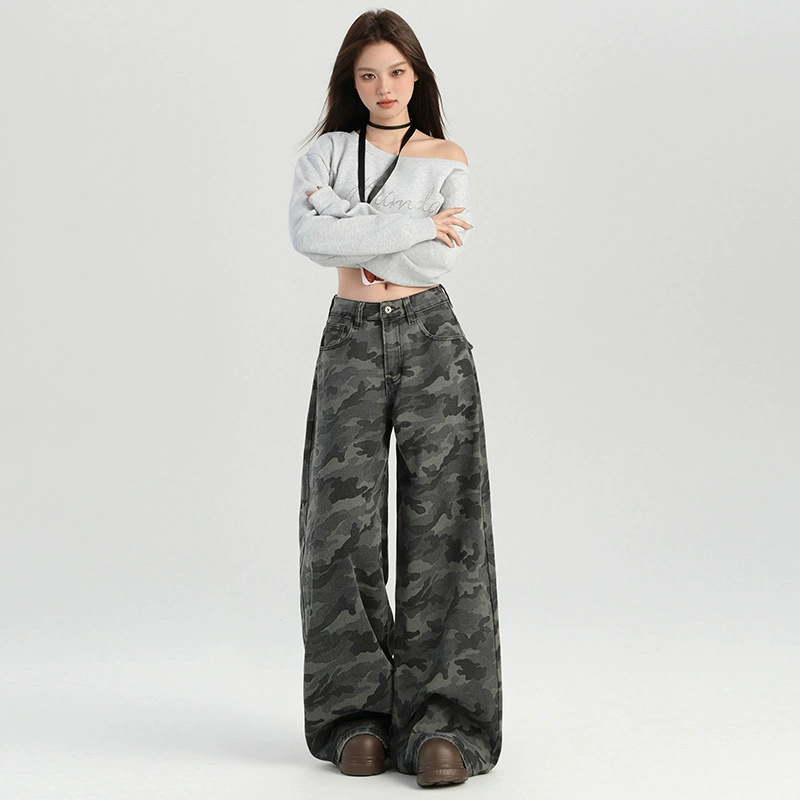 Оранжевая шелковая женская одежда # Американские камуфляжные повседневные брюки с высокой талией и широкими штанинами для девочек, женские осенние новые уличные узкие брюки для мытья полов