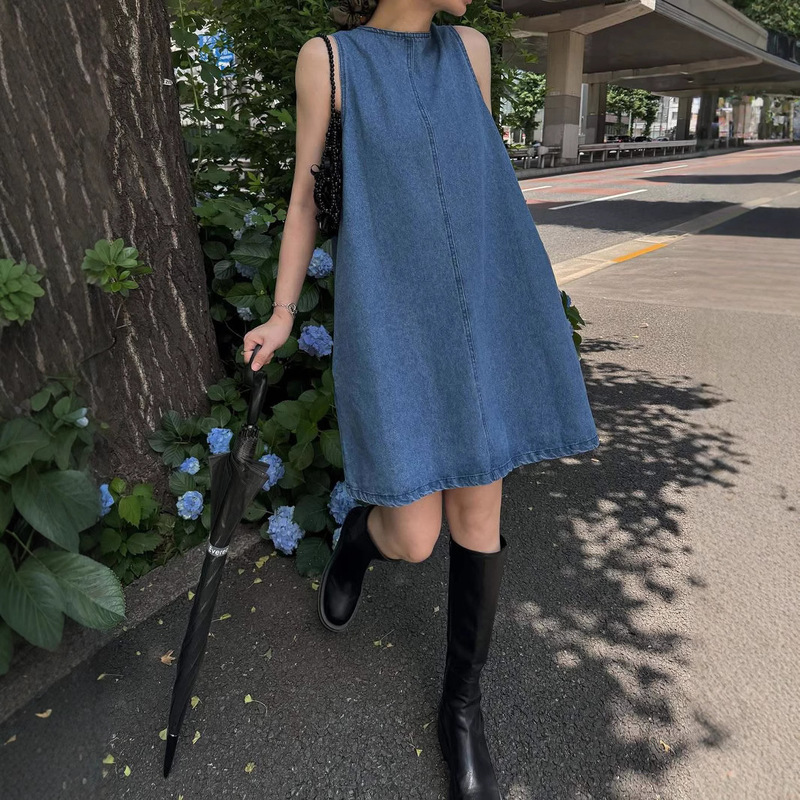 Kiyoko Japanese-Style Spring and Summer French Retro Vintage Vest Denim Dress Loose Slimming Comfortable Long Dress