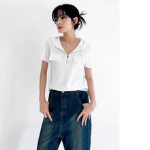 拉链连帽短袖T恤女2025夏季新款韩系修身显瘦遮肚子短款甜辣上衣