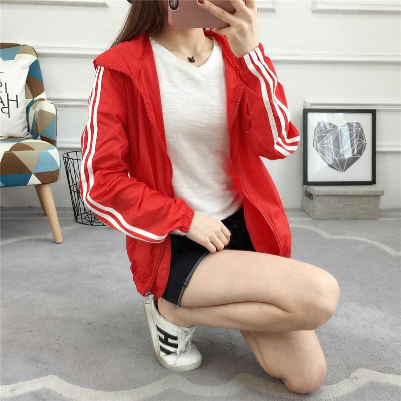Women's Short Sunscreen Clothing for Students Thin Couples Bf Striped Breathable Jacket Outside Line Korean Style Loose Sunscreen Clothing