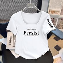 大码方领字母印花短袖t恤女夏新款韩版宽松显瘦遮肉百搭简约上衣