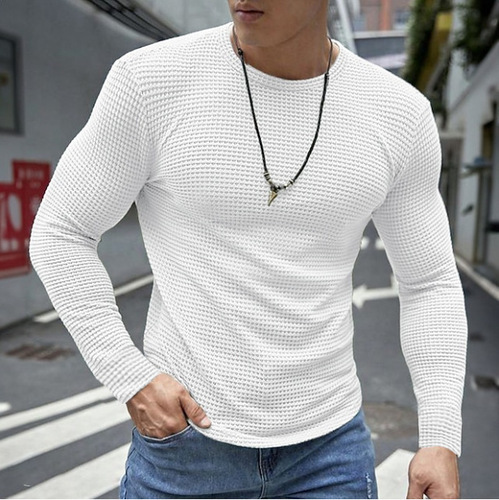 2024 Cross-border E-commerce Amazon Threaded Cuff Base Layer Shirt for Men, Slim-fit, Long-sleeved, Round-neck Casual Top for Europe and the U.S.