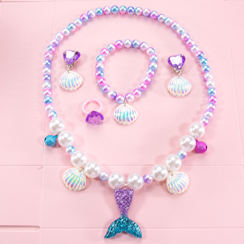 Children's jewelry pearl necklace bracelet ring seashell mermaid tail fairy pendant set