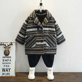 男童秋冬毛呢外套2024新款儿童冬季条纹呢子大衣冬装格子夹棉上衣