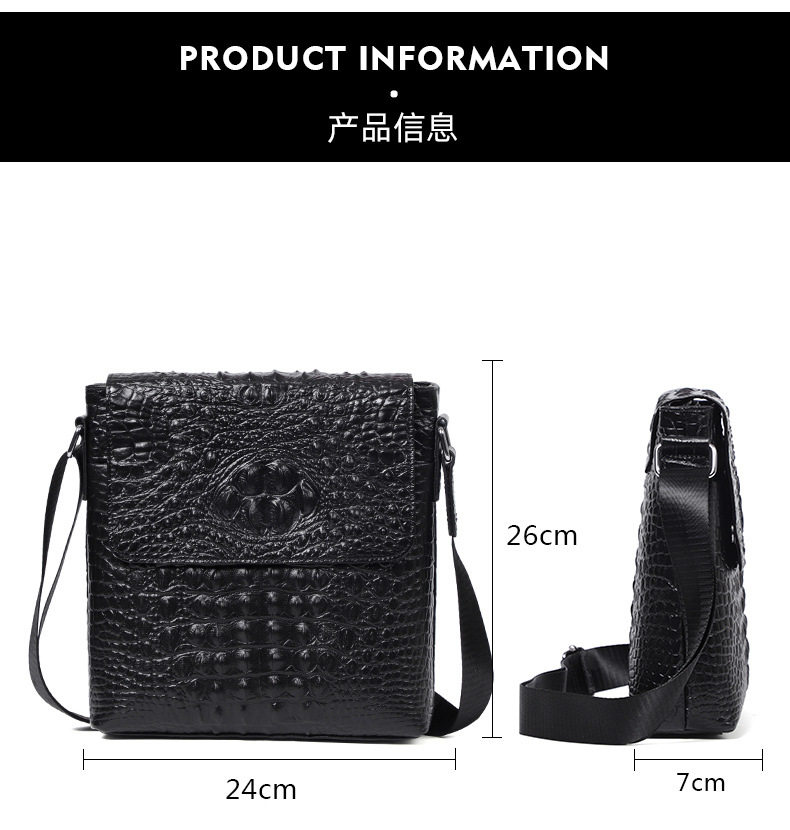 Túi đeo chéo nam da bò thật vân cá sấu, túi đeo vai mở rộng đựng vừa máy tính bảng 8 inch — Màu cà phê, Màu đen chi tiết 9