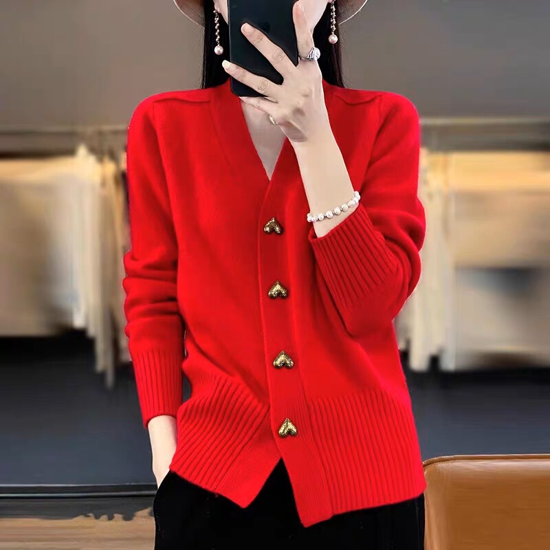 欧美跨境外贸秋冬新款纯色简约针织开衫女爱心扣长袖宽松毛衣外套|undefined
