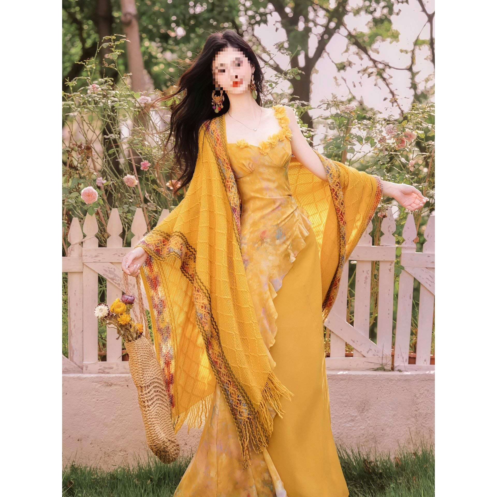Sicilian Lemon Holiday Gauze Yellow Dress Suit Fairy Long Skirt + Shawl Elegant Lady Style