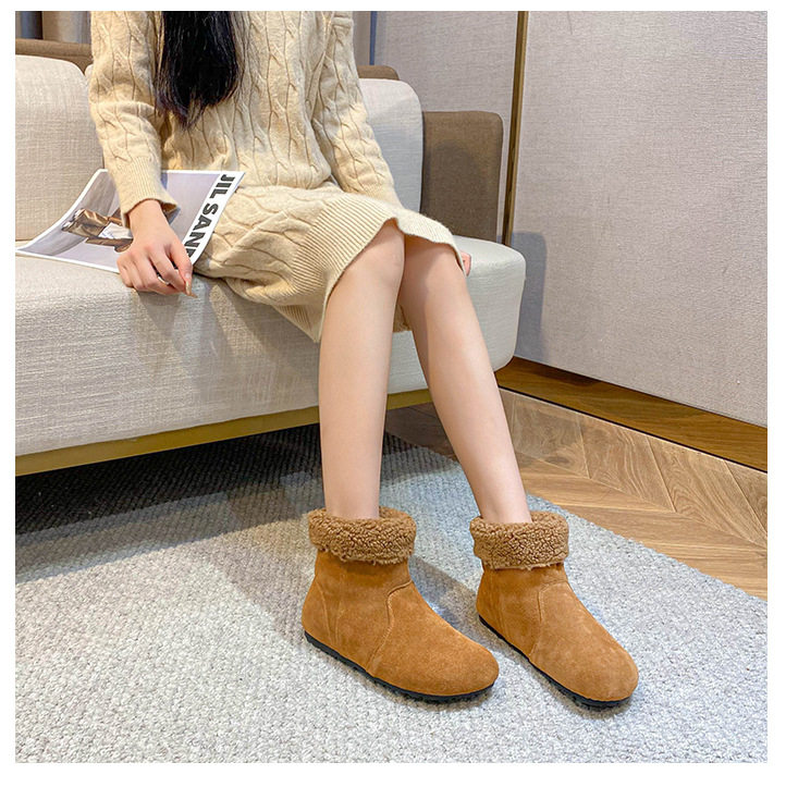 Bốt ngắn nữ da bò lót lông cừu, cổ có thể lật, gót 4 cm — Màu caramel, Màu mơ, Màu nâu đậm chi tiết 24