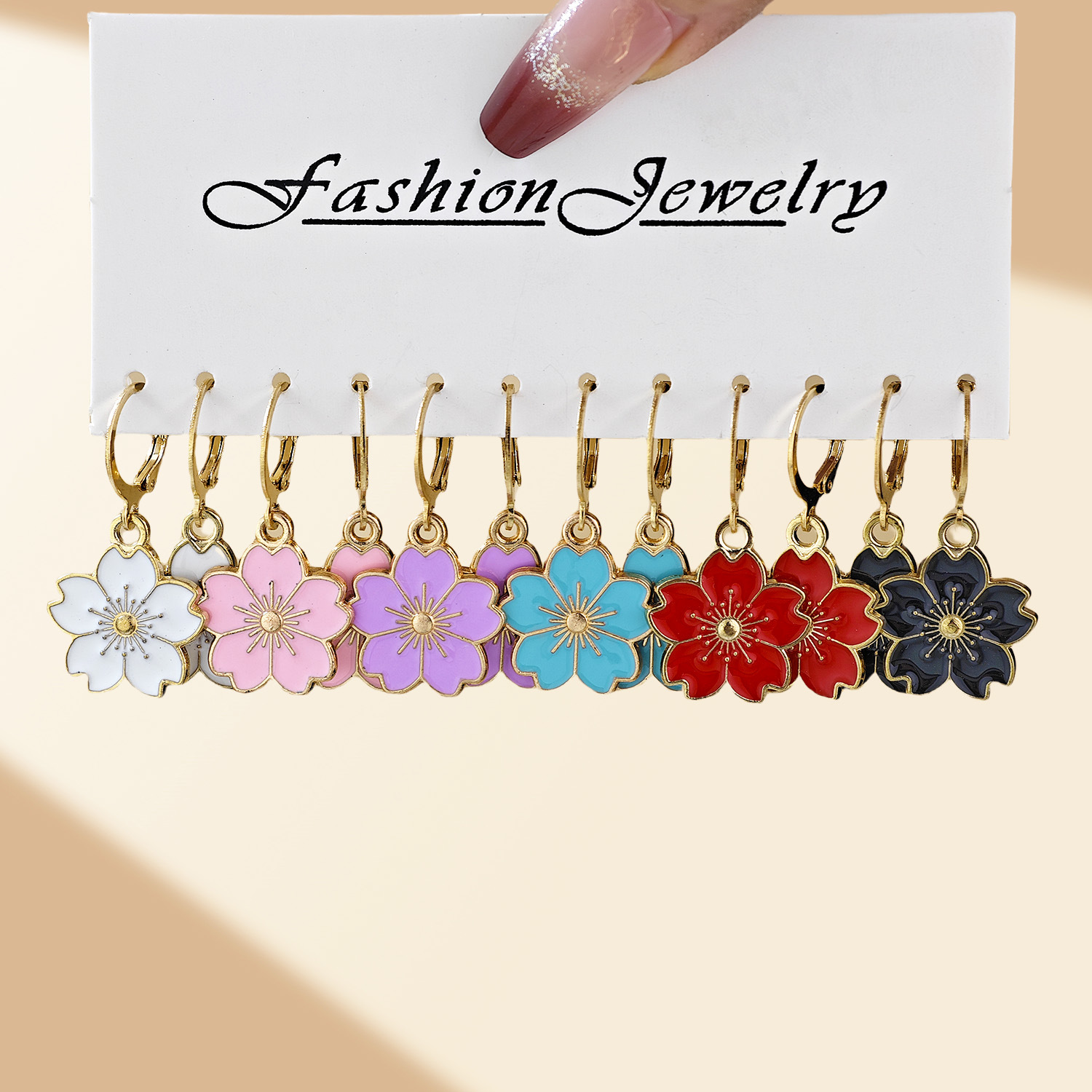 Juego de pendientes de aleación con diseño de flor de cerezo, estilo europeo y americano, superventas transfronterizo, diseño de nicho, con efecto de goteo de aceite y colores vibrantes, venta al por mayor
