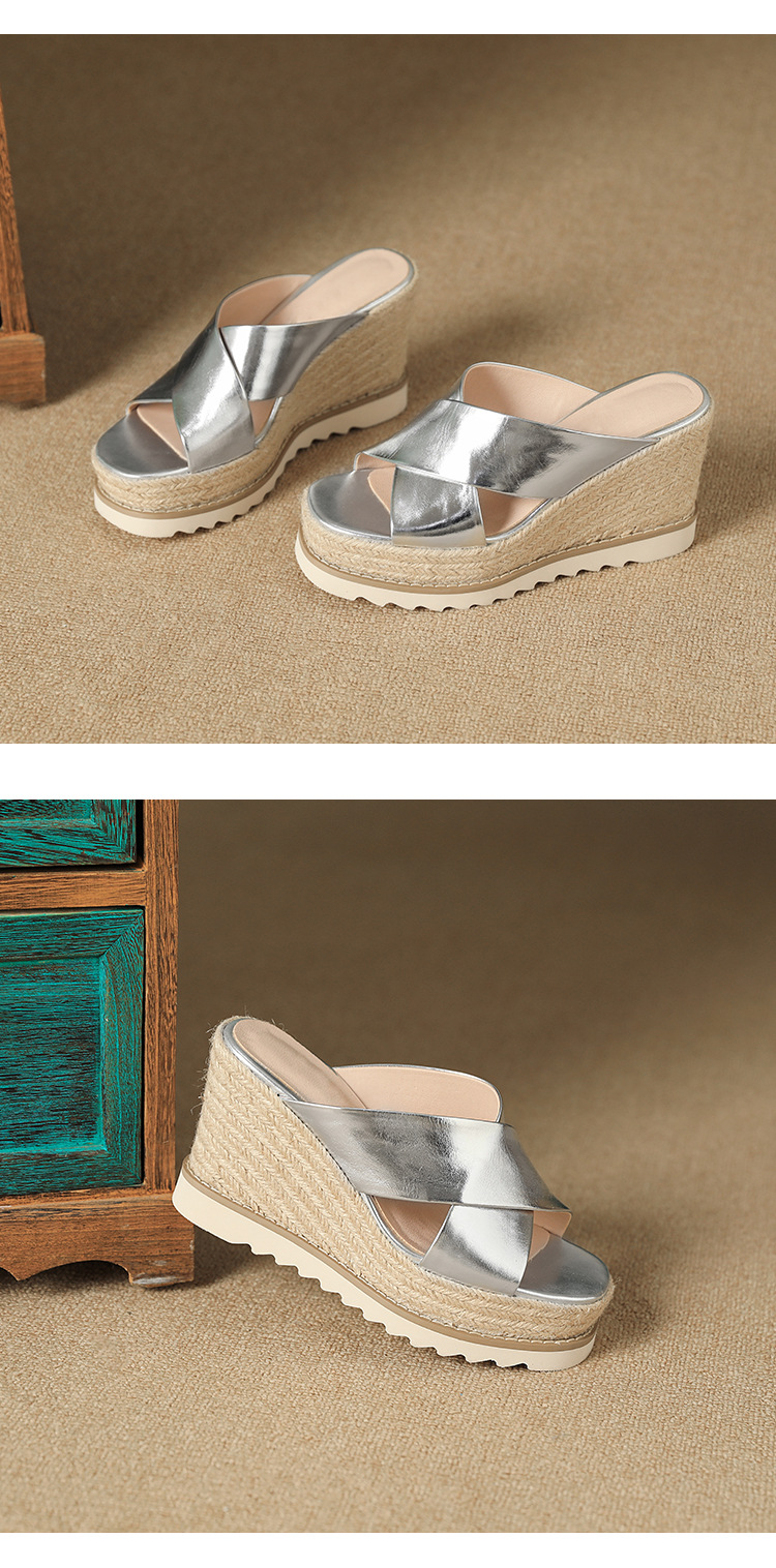 Sandal cao gót nữ đế xuồng đan rơm hở mũi quai chéo bản to — màu trắng ngà, bạc chi tiết 10