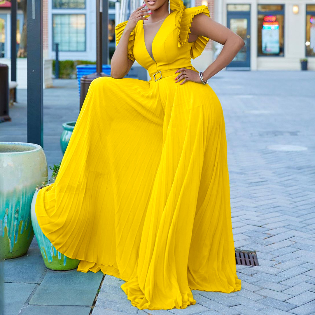 Women's Clothing sexy deep V pleated wide leg large size jumpsuit_voghion.com