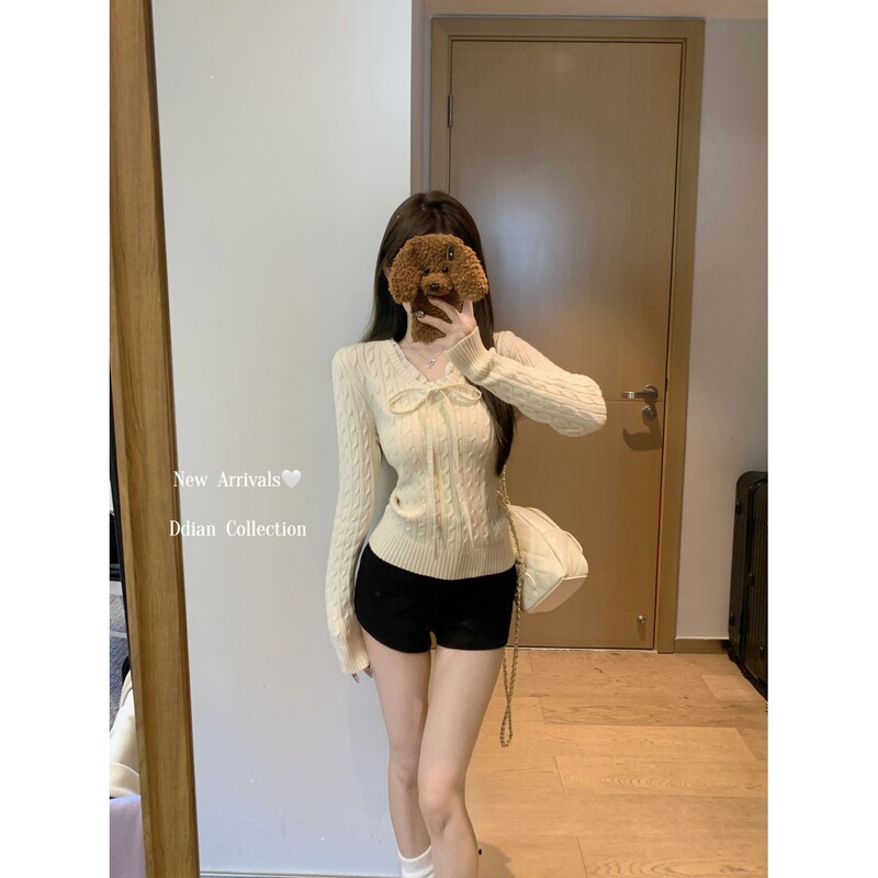 韩系麻花v领系带蕾丝打底衫女春秋纯欲风木耳边内搭毛衣针织上衣|undefined