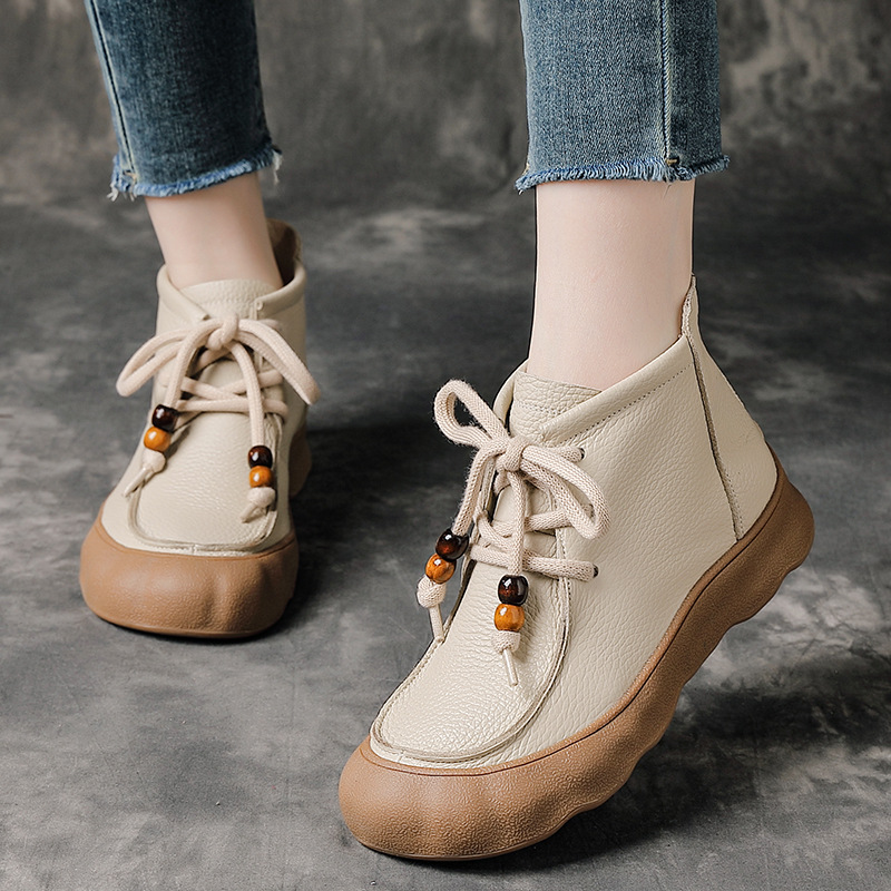 全牛皮2025秋冬季新款松糕厚底真皮短靴女复古加绒靴子宽胖脚女靴